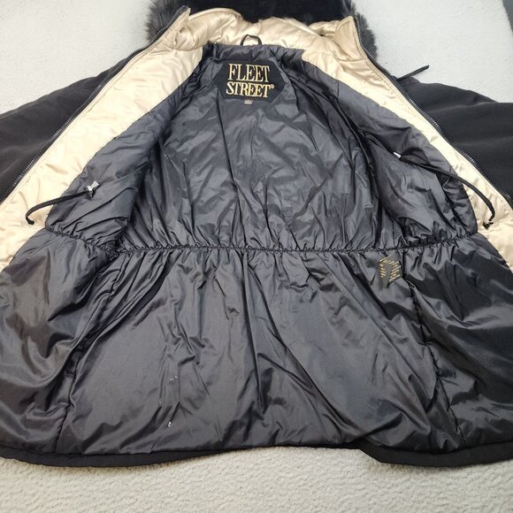 Women's Black Parka Jacket Large Faux Fur Lined Hood Gold Trim Preppy Cozy Layer - Picture 7 of 11